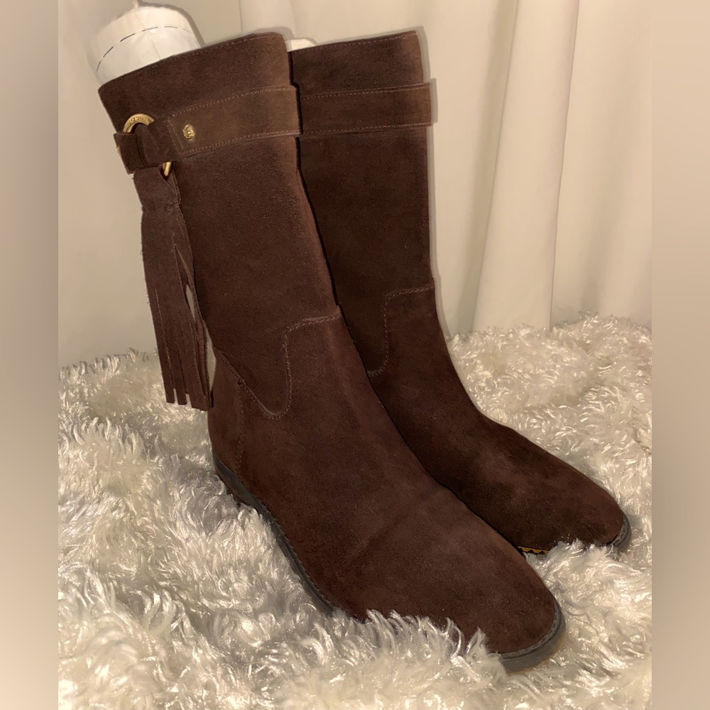 Michael Kors Rhea Brown Suede Fringe Tassel Gold Embellished Mid-calf Boots Sz 8